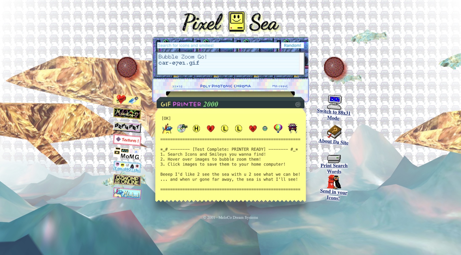 A screenshot of the Pixel Sea homepage