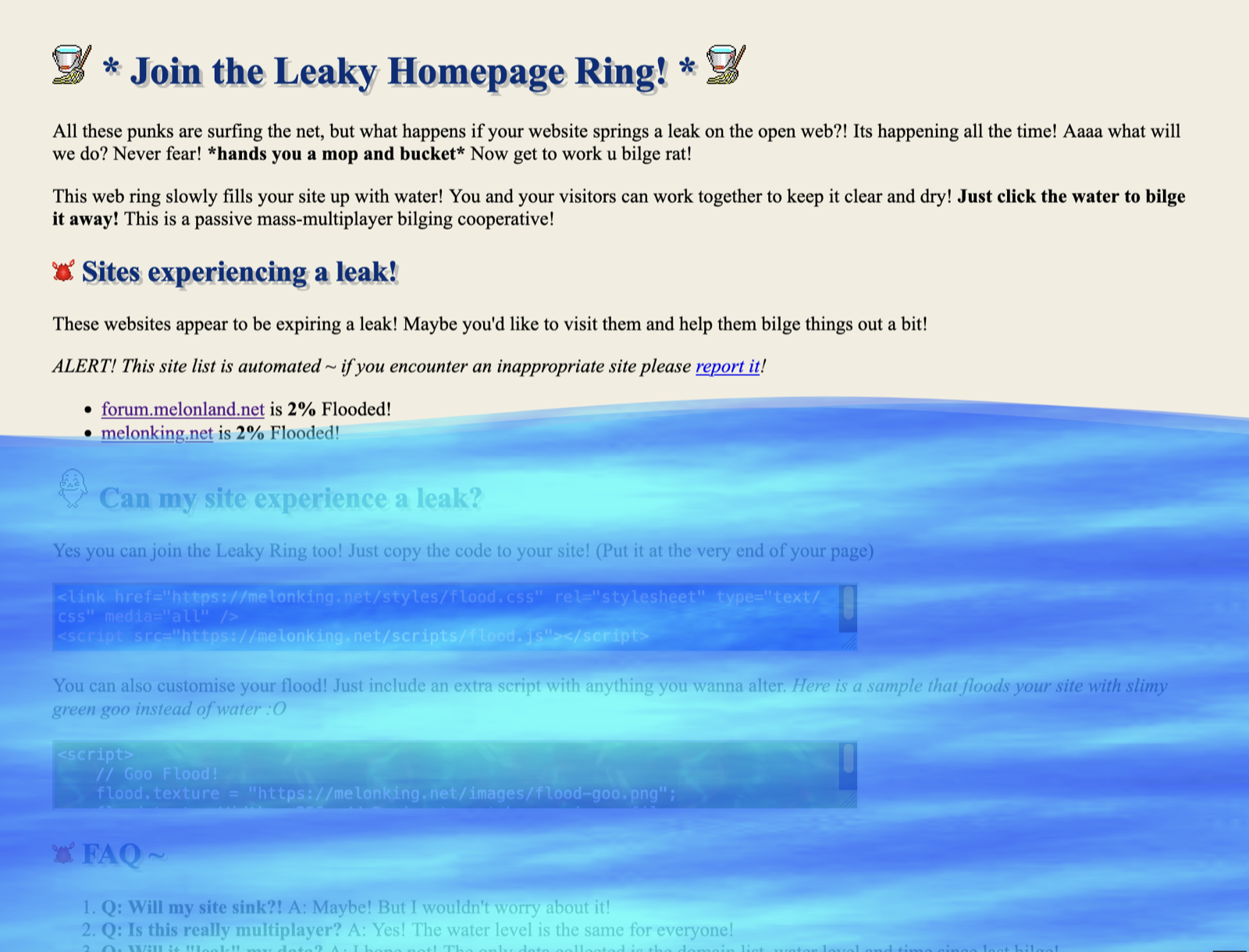 Screenshot of The Leaky Webring intro page
