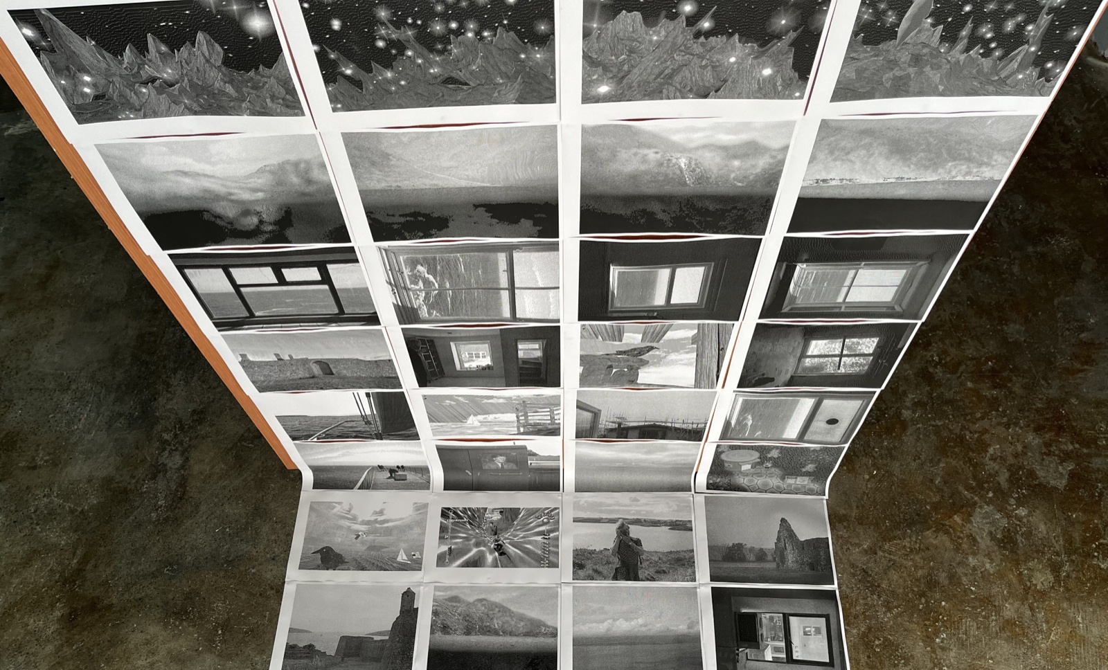 A stream of photographs and screenshots. They were digitally compressed and printed using binary dots and reposted in the same order they appeared on the computer.