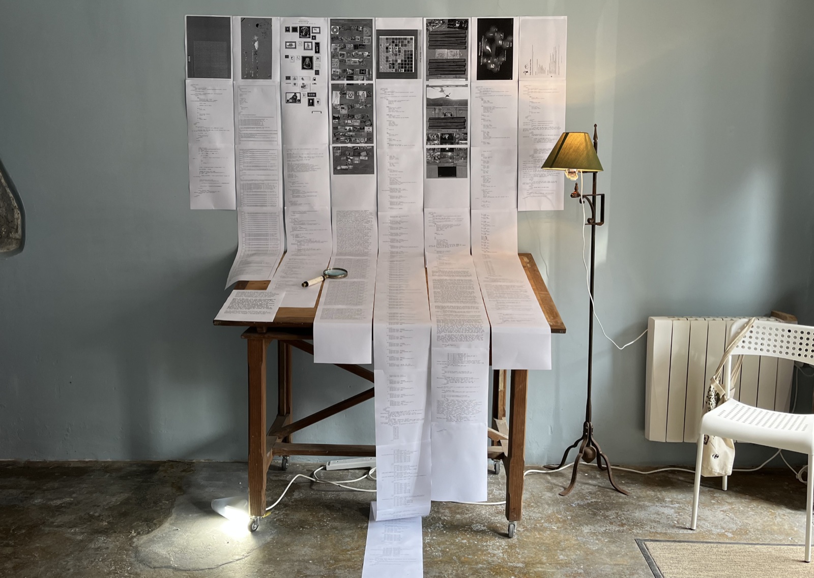 Code Reams. The image at the top of each ream is a screenshot of a rendered webpage, and the text flowing under it is the code used to create the webpage.